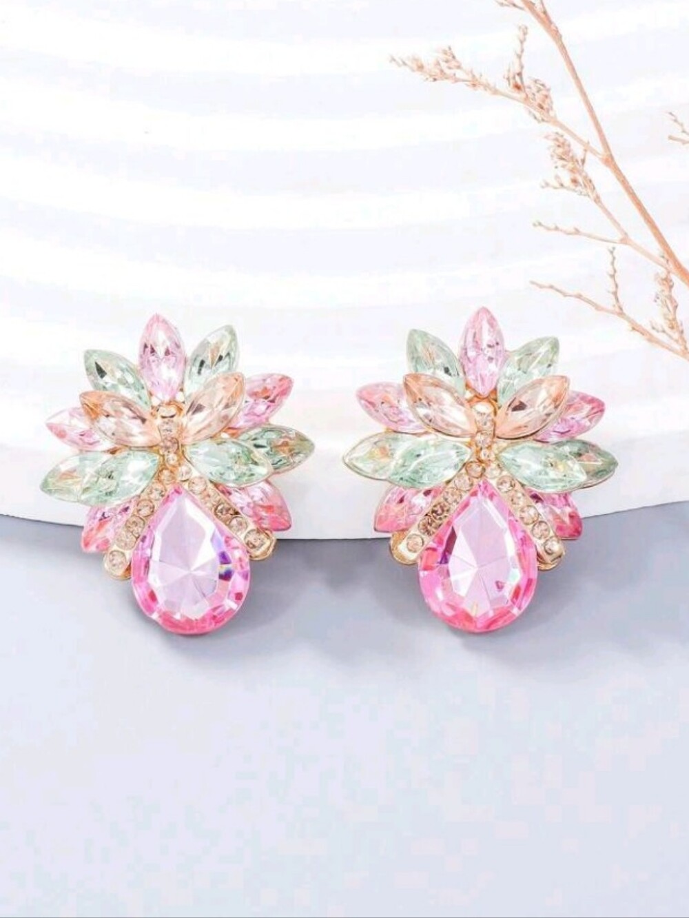 Pink & Green Rhinestone Teardrop Floral Earrings
